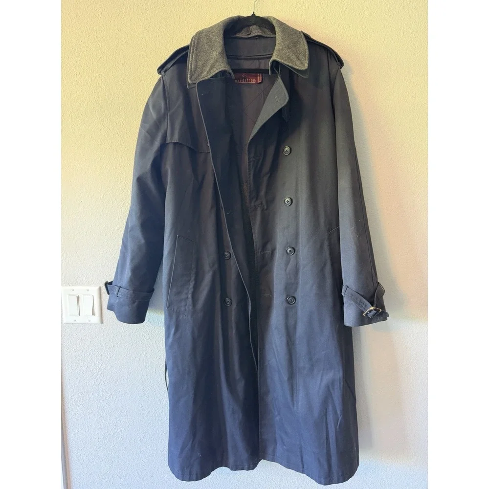 Vintage Nordstrom Coat Mens 46XL Blue Trench Belted Double Breasted Hong Kong